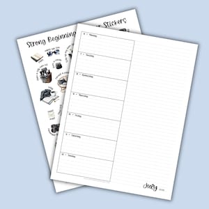 May include: Two sheets of paper featuring planner stickers and a weekly layout. The first sheet displays various small illustrations and the text Strong Beginnings. The second sheet shows a weekly schedule for July with days from Monday to Sunday.