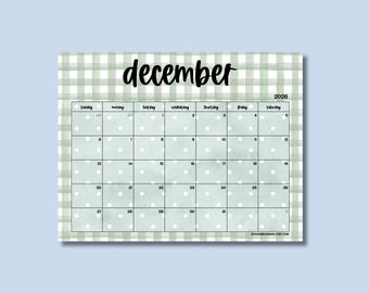 December 2026 Calendar, Green Gingham and Polka Dot One Month Printable Design, Monthly Planner Page