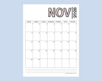 November 2026 Calendar, Minimalist Monthly Planner, One Month Printable Design