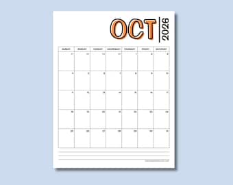 October 2026 Calendar, Minimalist Monthly Planner, One Month Printable Design