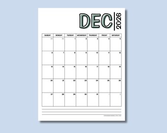 December 2026 Calendar, Minimalist Monthly Planner, One Month Printable Design