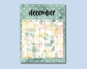 December 2026 Calendar, Green Floral Polka Dot One Month Printable Design