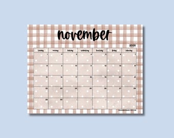 November 2026 Calendar, Brown Gingham and Polka Dot One Month Printable Design, Monthly Planner Page