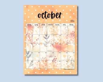 October 2026 Calendar, Orange Floral Polka Dot One Month Printable Design