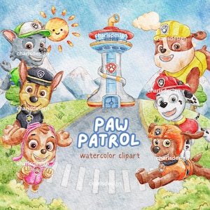May include: Watercolor clipart featuring the Paw Patrol characters, including Chase, Marshall, and Skye. The image shows the characters in a colorful outdoor scene with a lookout tower, a smiling sun, and the text "PAW PATROL watercolor clipart".