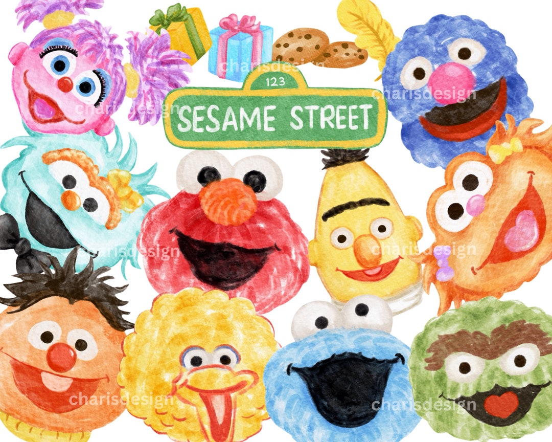 Sesame Street Elmo Ernie Watercolor Illustration Kids Birthday Clipart ...