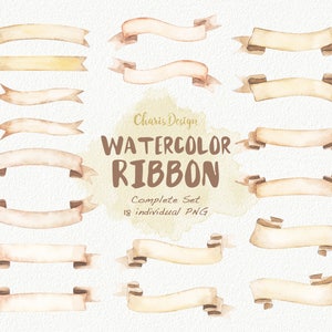 Ribbon Watercolor Clipart Banner Wedding Invitation Scrapbook Planner Digital Illustration Birthday Shower Vintage Shabby Rustic