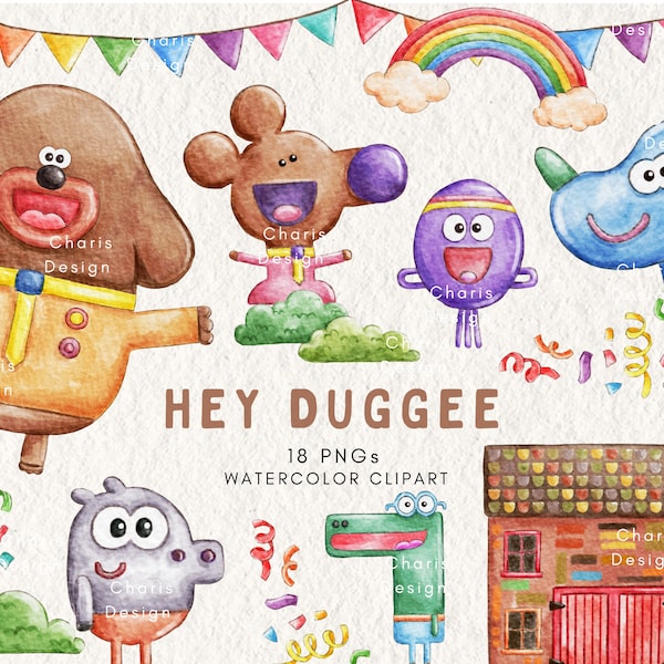 Hey Duggee watercolor illustration kids birthday clipart