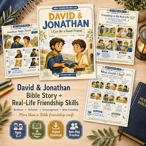 May include: A David & Jonathan Bible stories activity kit for children aged 5-7, comprising a main booklet, two activity sheets, and text outlining friendship skills such as kindness and loyalty. The set includes 18 printable pages and role-play practice.