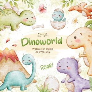 Dinosaur Clipart Watercolor | Cute Dino PNG Digital Download | Jurassic Animals Clip Art for Kids Party, Scrapbook, Stickers, Invitations