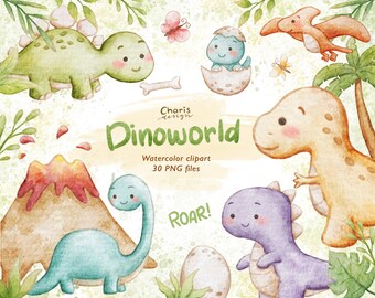 May include: A set of 30 watercolor clipart images featuring cute dinosaurs in various poses. The dinosaurs are green, brown, purple, and blue. The set includes a volcano, an egg, and a butterfly. The text "Dinoworld" is written in green and white. The text "Watercolor clipart" and "30 PNG files" is written in black. The text "Roar!" is written in green.