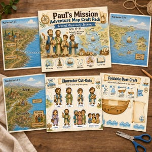Op de afbeelding: Een knutselpakket getiteld Paul's Mission Adventure Map Craft Pack met geïllustreerde kaarten van de tweede zendingsreis, uitknipbare figuren en een vouwbare boot met instructies voor een papieren activiteit.