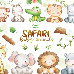 Safari baby Jungle Animals clipart lion tiger giraffe elephant zebra monkey forest tree wild animal children illustration