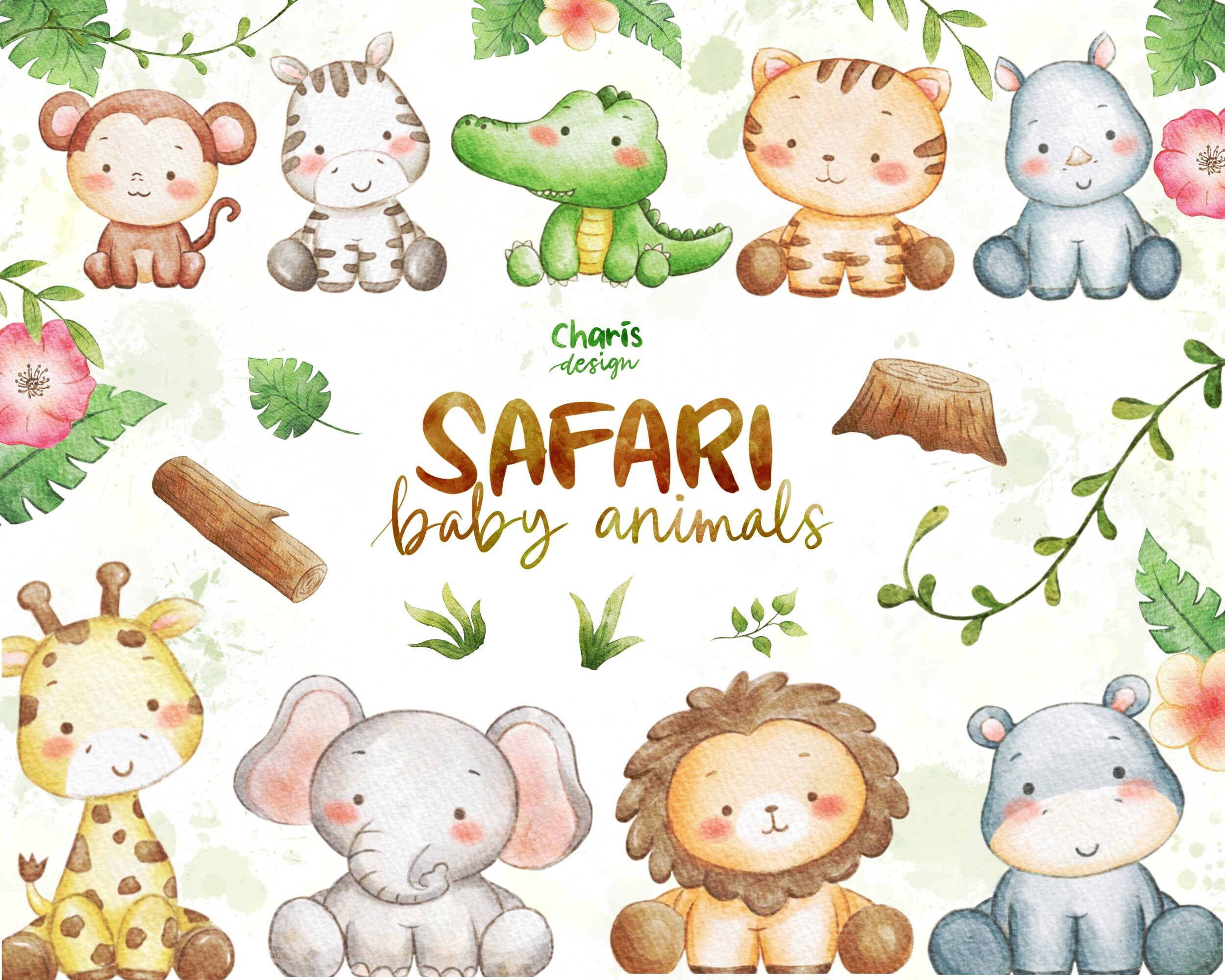 Safari Baby Jungle Animals Clipart Lion Tiger Giraffe Elephant Etsy
