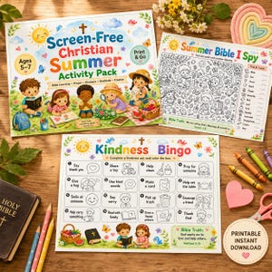 May include: A colorful Christian summer activity pack for ages 5-7, featuring a screen-free design. Includes a Bible I Spy game and a Kindness Bingo game. The pack promotes Bible learning, prayer, kindness, gratitude, and creation. Includes printable instant download.