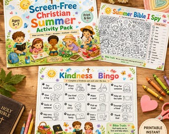 Screen-Free Christian Summer Activity Pack for Toddler Kids (Digital Printable), Sunday School Worksheets, Homeschool Summer Activities