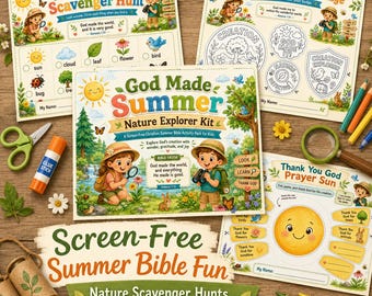 Christian Summer Activity Pack for Toddler Kids, Screen Free Bible Nature Scavenger Hunt, Sunday School Printable Worksheets
