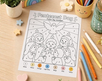 Pentecost Color by Number for Toddler Kids, Holy Spirit Bible Activity, Christian Sunday School Printable, Bible Coloring Page