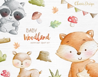 Baby woodland clipart watercolor clipart nursery forest cute baby squirrel raccoon deer fox owl bunny hedgedog skunk beaver bear
