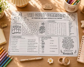 The Great Commission Placemat & Coloring Pages Bundle for Kids | Bible Activity Printable | Sunday School  Worksheets | Matthew 28