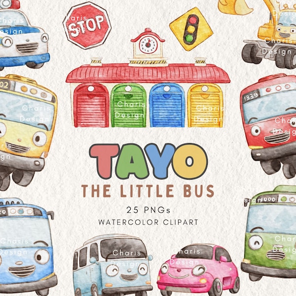 Tayo le petit bus illustration aquarelle anniversaire enfants cliparts