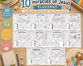 10 Miracles of Jesus Activity Placemats | Bible Printable Activities for Kids | Christian Homeschool & Sunday School | Reusable Coloring