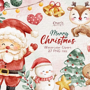 Christmas classic santa deer Clipart Watercolor card sticker planner wall decor
