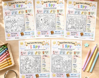 Series 5 - Old Testament I Spy Bible Worksheets for Toddler Kids | Jonah, Hosea, Joel, Amos, Micah, Habakkuk, Haggai, Malachi Coloring Pages