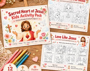 Sacred Heart of Jesus Activity Pack For Toddler Kids, Christian Printable Worksheets, Sunday School Bible Activities, Jesus Loves Me Pages