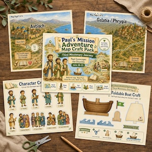 May include: A paper craft kit titled Paul's Mission Adventure Map Craft Pack featuring illustrated maps of Antioch and Galatia, character cutouts of biblical figures, and a foldable boat craft with instructions for a third missionary journey activity.