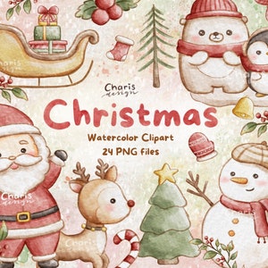 Christmas classic santa deer Clipart Watercolor card sticker planner wall decor