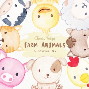 Farm clipart Animal Illustration Watercolor Baby Dog Cat Sheep Horse Pig Chicken Duck Cow Cute Nursery Wall Decor Digital Drawing Scrapbook