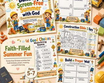 Build My Screen-Free Summer with God, Construction Bible Activity Pack for Toddler Kids, Sunday School Printable, Christian Summer Worksheet