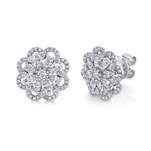 14K White Gold Round, Marquise and Pear Shape Diamond Flower Studs Earrings #5584
