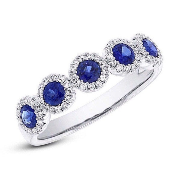 Aliança de ouro branco 14K com diamantes halo e safira azul empilhável, aniversário de casamento em setembro, pedra de nascimento nº 2908