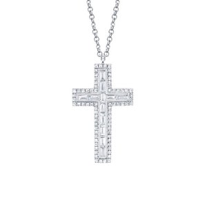 14K White Gold Baguette & Round Diamond Small Cross Pendant, Necklace #1772