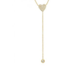 14K Yellow Gold Small Diamond Pave Heart Pendant With Dangling Diamond #1004