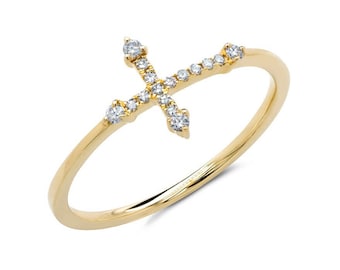14K Yellow Gold Diamond Side Cross Ring Band #852