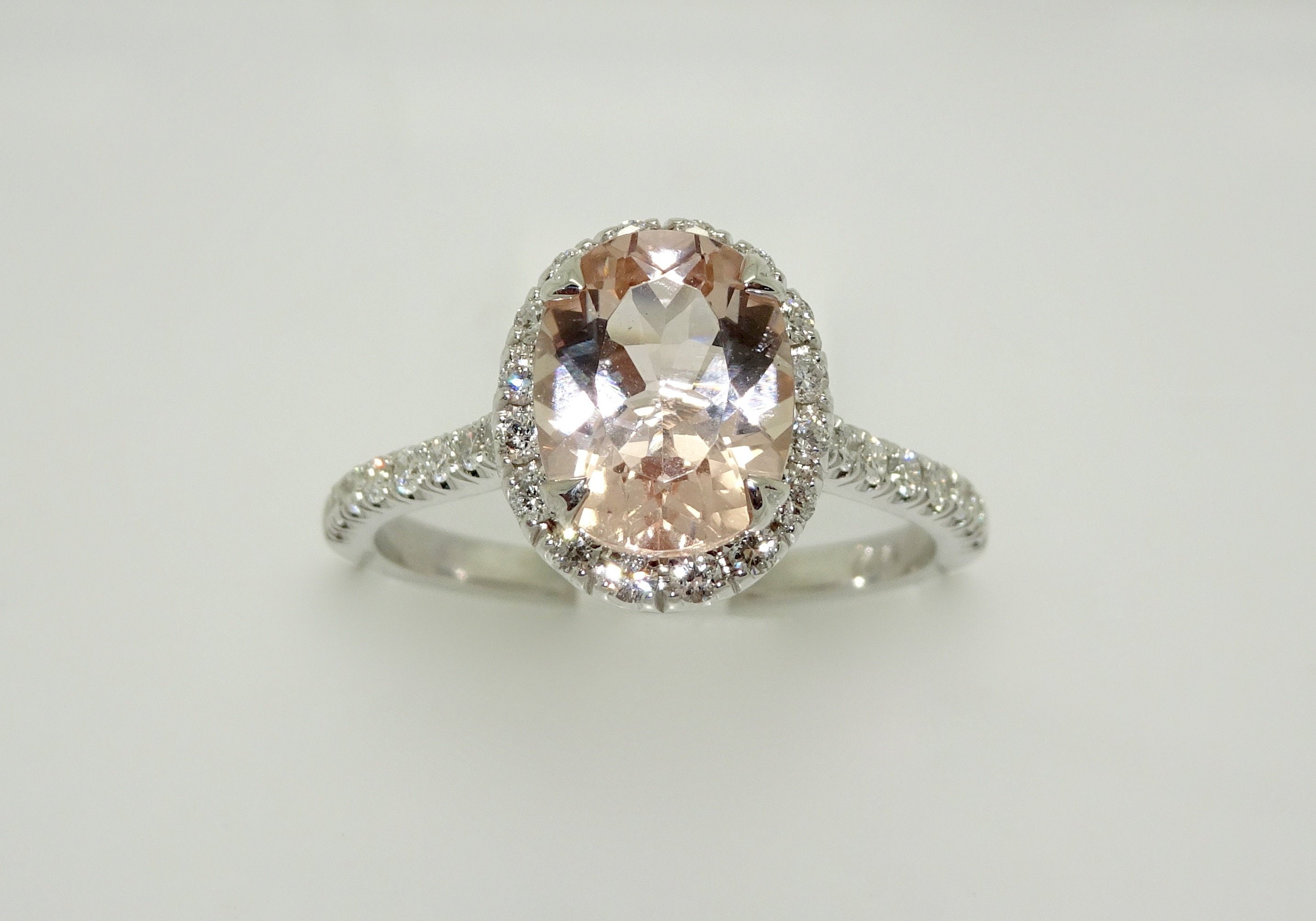 14K White Gold Halo Diamonds and Oval Morganite Engagement - Etsy