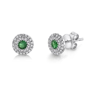 14K White Gold Halo Diamond and Tsavorite Green Garnet Earrings, #1448