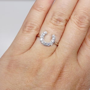 May include: A silver ring with a horseshoe design set with small clear stones.