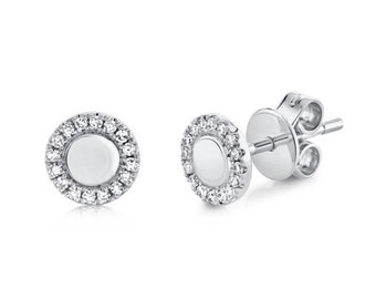 14K Oro Blanco Diamante Pavimento Tachuelas Redondas Pendientes #776