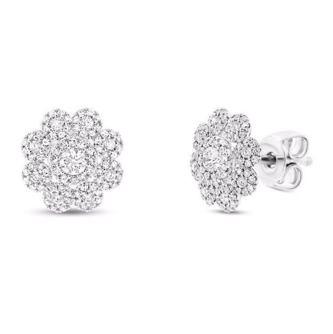 14K ホワイト ゴールド ハロー ダイヤモンド フラワー パヴェ スタッド