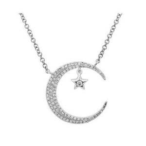 14K White Gold Micro Pave Diamond Moon And Star Pendant #1212