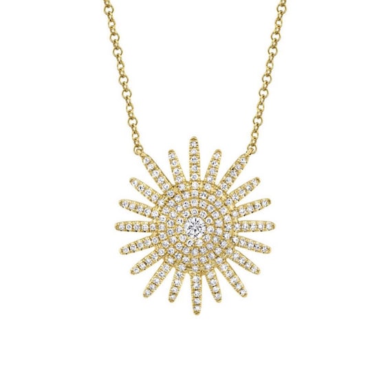 14K Yellow Gold Micro Pave Diamond Sunburst Sun Starburst Star