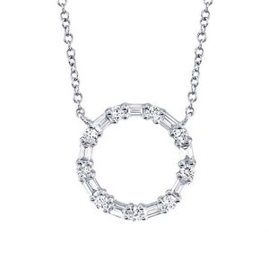 14K White Gold Diamond Baguette And Round Circle Pendant, Necklace #1532