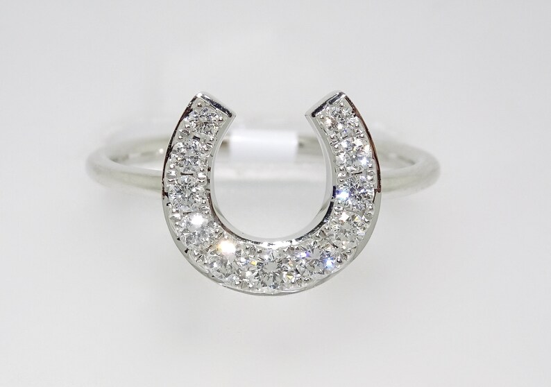 May include: A silver ring with a horseshoe design set with small diamonds.