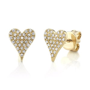 14K Yellow Gold Diamond Pave Heart Studs Earrings #932
