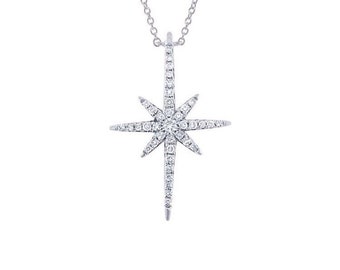14K White Gold Micro Pave Diamond North Star Pendant, Necklace #1772