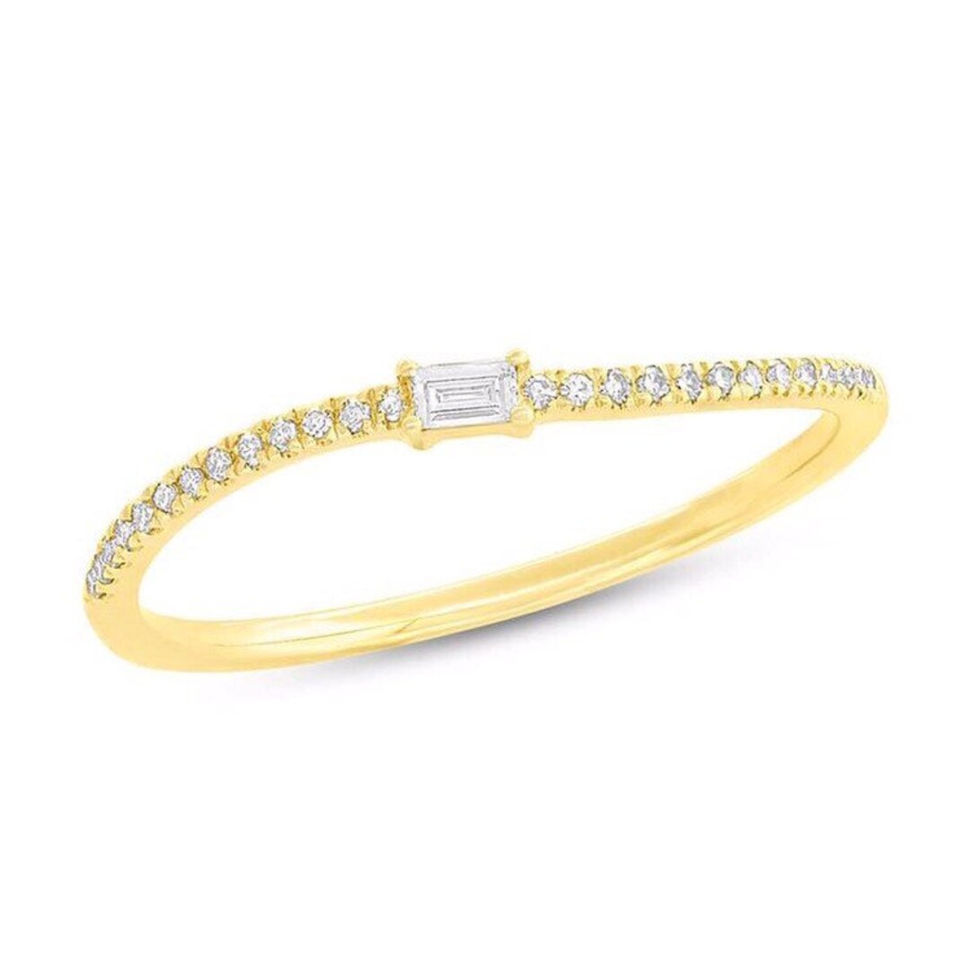 14K Yellow Gold Diamond Prong Baguette and Round Shape Stackable Curved ...